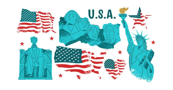 Bir grup vektör elemanı. Usa, Amerikan simgeleri, heykeller ve anıtlar. Özgürlük Heykeli, Lincoln Anıtı ve Rushmore Ulusal Anıtı. Amerikan bayrağı.