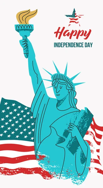Buon giorno dell'indipendenza. Manifesto vettoriale, biglietto d'auguri. Statua della libertà con una torcia in mano sullo sfondo della bandiera americana . — Vettoriale Stock