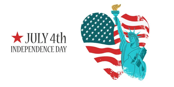 4 luglio Giorno dell'indipendenza. Manifesto vettoriale, biglietto d'auguri. Statua della libertà con una torcia in mano sullo sfondo della bandiera americana a forma di cuore . — Vettoriale Stock