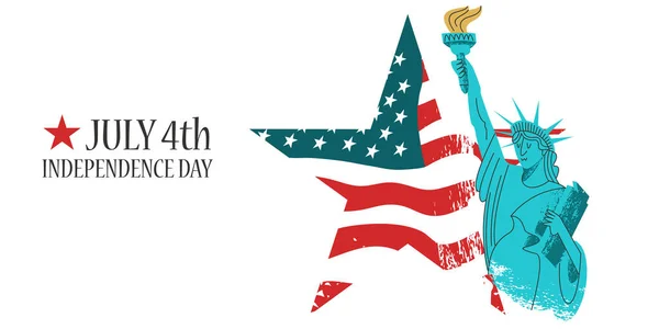 Július 4. Függetlenség Napja. Vektorplakát, üdvözlőlap. Szabadság-szobor fáklyával a kezében az amerikai zászló hátterében, csillag alakban.. — Stock Vector