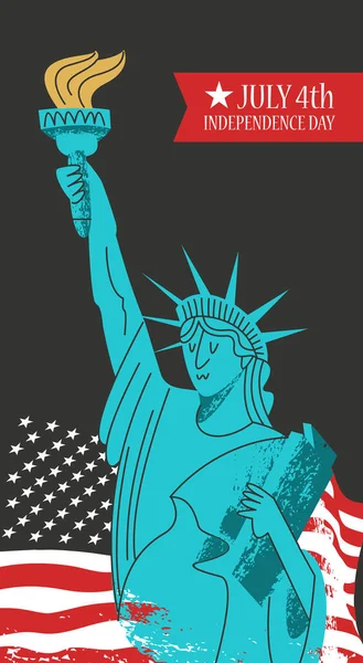 Július 4. Függetlenség Napja. Vektorplakát, üdvözlőlap. Szabadság-szobor fáklyával a kezében az amerikai zászló hátterében. — Stock Vector