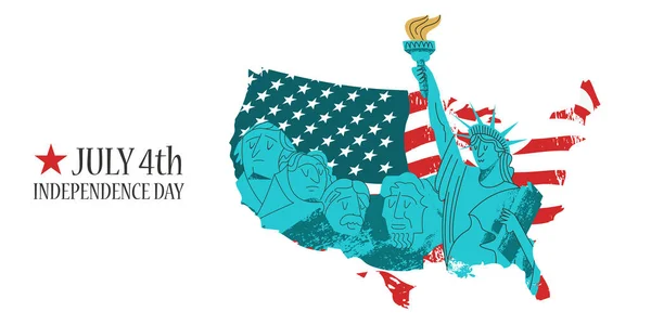 4 luglio giorno dell'indipendenza. Illustrazione vettoriale, poster, biglietto di auguri. Statua della libertà e memoriale sul monte Rushmore. Bandiera americana . — Vettoriale Stock