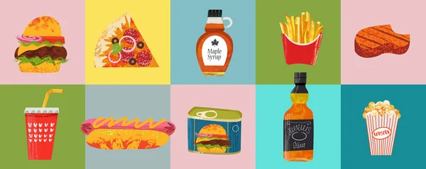 Kolekcja fast food i napojów pozycji. Amerykańskie jedzenie. Ilustracja wektora z ręcznie rysowane tekstury. — Wektor stockowy