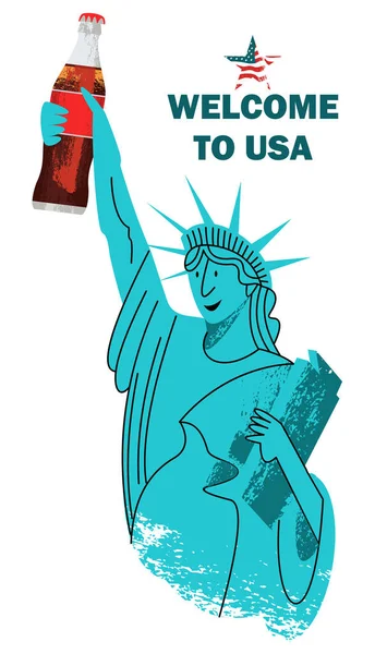Welcome to the United States. Vector illustration. A cheerful statue of liberty holds a Cola in her hand.