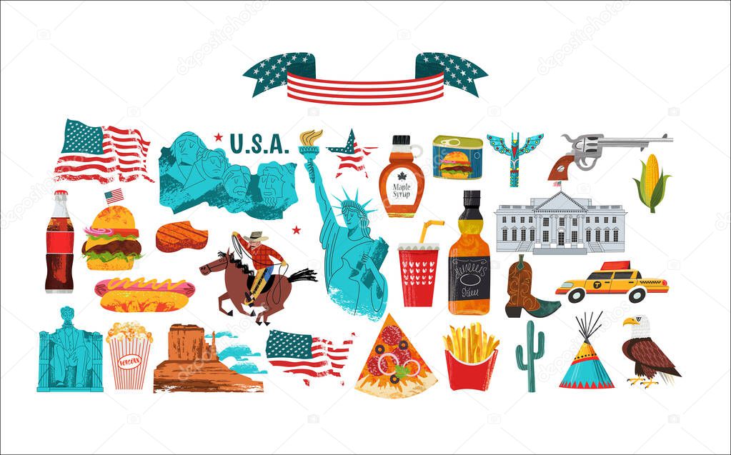 USA. Great collection of items, attractions, traditions, Souvenirs and food of America. Vector illustration.
