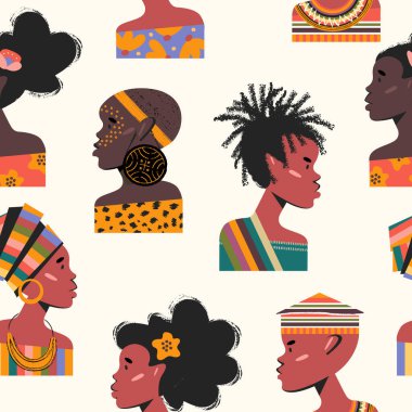 Işık arka planında pürüzsüz desen. Çok güzel insanların portreleri, Afrikalı kadın ve erkek. Vektör illüstrasyonu
