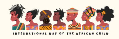 12 Haziran Afrikalı çocuğun uluslararası günüdür. Afrikalı erkek ve kızların profil portreleri. Vektör illüstrasyonu, afiş.