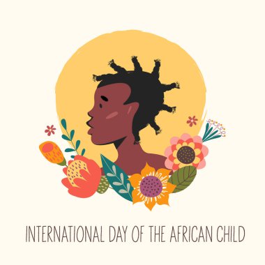 Afrikalı çocuğun uluslararası günü. Çiçekli güzel bir Afrikalı kızın portresi. Vektör illüstrasyonu.
