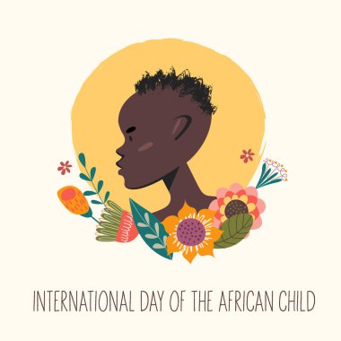 Afrikalı çocuğun uluslararası günü. Çiçekli Afrikalı bir çocuğun portresi. Vektör illüstrasyonu.
