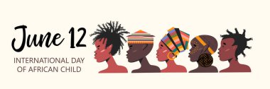 12 Haziran Afrikalı çocuğun uluslararası günüdür. Afrikalı erkek ve kızların profil portreleri. Vektör illüstrasyonu, afiş.
