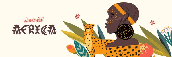 Minunata Africa Portretul Unui Tânăr African Profil Flori Exotice Ghepard — Vector de stoc