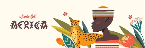 Minunata Africa Portretul Unui Tânăr African Profil Flori Exotice Ghepard — Vector de stoc