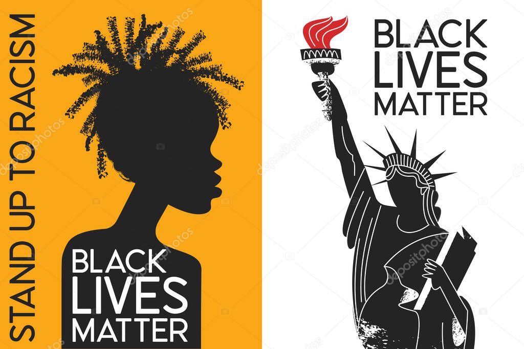 Black lives matter. Protest poster. An African American silhouette on a yellow background. Stand up to racism. Silhouette of the black statue of liberty. Vector illustration