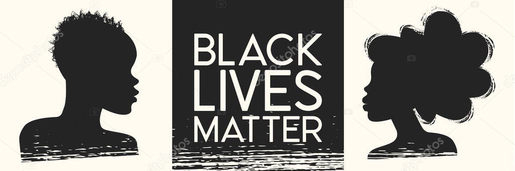 Black Lives Matter. Young African Americans: man and woman against racism. Black citizens are fighting for equality. The social problems of racism. Vector illustration, banner on light background