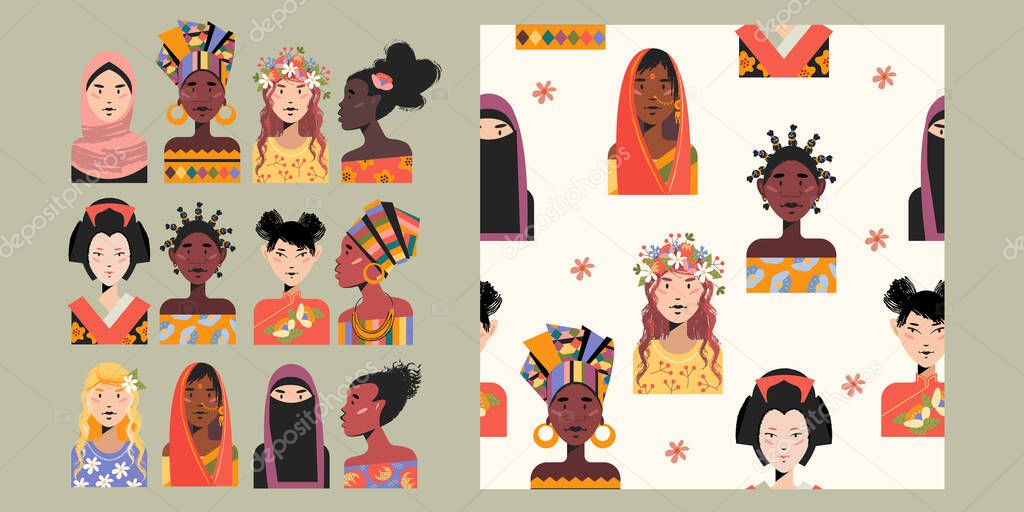 A set of female portraits of women of different Nations. Seamless pattern with women of different skin colors, different nationalities, faiths. Vector illustration.