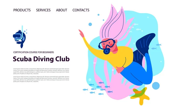 ダイビング 極端なスポーツ エキゾチックな海洋生物や熱帯魚の間で女の子ダイバー ウェブサイトのためのウェブページデザインコンセプトのベクトルイラスト — ストックベクタ