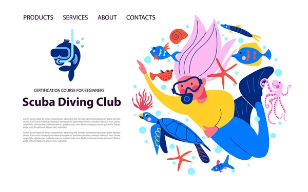 ダイビング 極端なスポーツ エキゾチックな海洋生物や熱帯魚の間で女の子ダイバー ウェブサイトのためのウェブページデザインコンセプトのベクトルイラスト — ストックベクタ