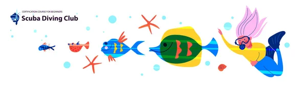 Plongée Sports Extrêmes Plongeuse Parmi Vie Marine Exotique Les Poissons — Image vectorielle