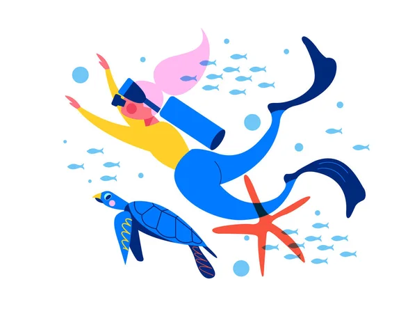 Plongée Sports Extrêmes Plongeuse Parmi Vie Marine Exotique Les Poissons — Image vectorielle
