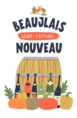 Fransa 'da Kasım ayının sonbaharında Beaujolais Nouveau' da genç şarap festivali. İçinde şarap şişeleri, şarap fıçısı, parlak turuncu balkabakları ve sonbahar yaprakları olan vektör çizimleri..