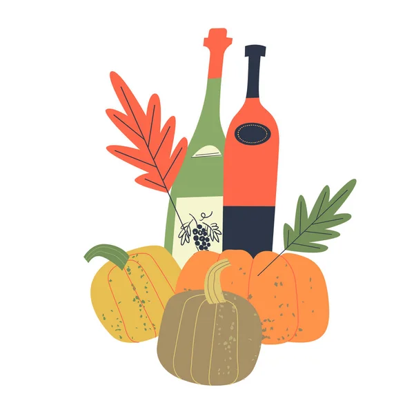 Vektorillustration Mit Flaschen Jungen Weins Leuchtend Orangen Kürbissen Und Herbstblättern — Stockvektor