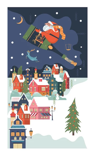 Santa Claus Está Volando Sobre Una Pequeña Ciudad Cubierta Nieve — Archivo Imágenes Vectoriales