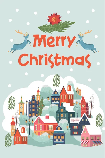Veselé Vánoce Malé Zasněžené Město Vánoční Přání Vektorová Ilustrace — Stockový vektor