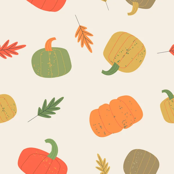 Herbstnahtloses Muster Auf Beigem Hintergrund Warme Farbgebung Bunte Reife Kürbisse — Stockvektor