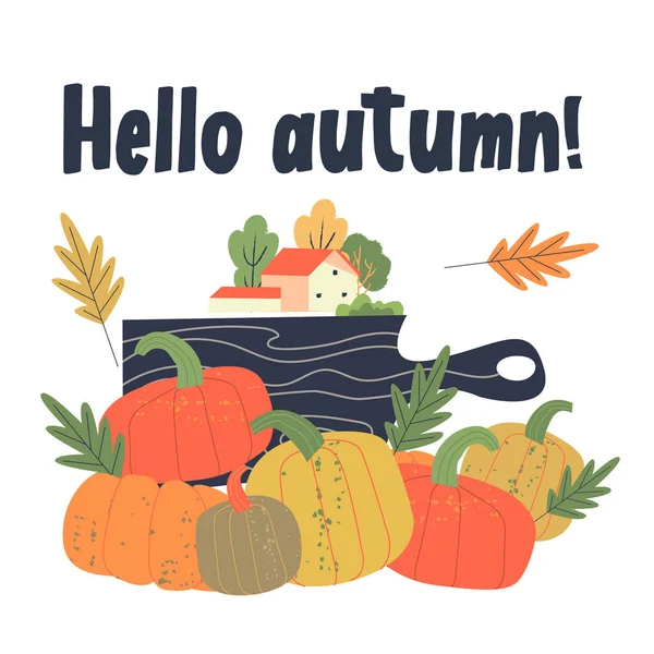 Hello Autumn House Country Harvest Pumpkin Vector Illustration — Stock Vector