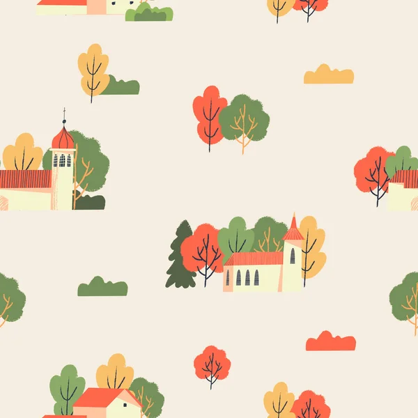 Autumn Seamless Pattern Beige Background Warm Colour Scheme Rural Landscape — Stock Vector