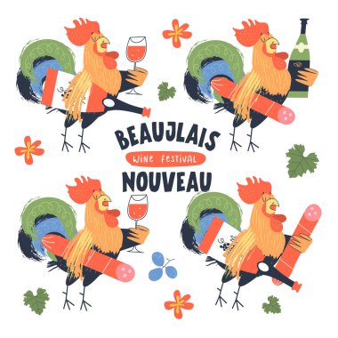 Beaujolais Nouveau, Fransa 'da yeni şarap festivali. Dört horoz, Fransa 'nın sembolleri. Horozlar bir şişe şarap, bir bardak şarap ve salam taşır. Vektör illüstrasyonu, poster, davet.