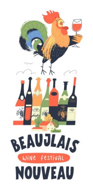 Beaujolais Nouveau, Fransa 'da yeni şarap festivali. Bir bardak şarapla horoz. Bir sürü şarap. Sonbahar ağaçlarının yanında küçük bir köy evi. Vektör illüstrasyonu, poster, davet.