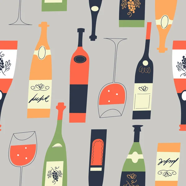 Şarabın Kusursuz Deseni Farklı Şarap Şişeleri Bardaklar Açık Gri Arkaplanda — Stok Vektör