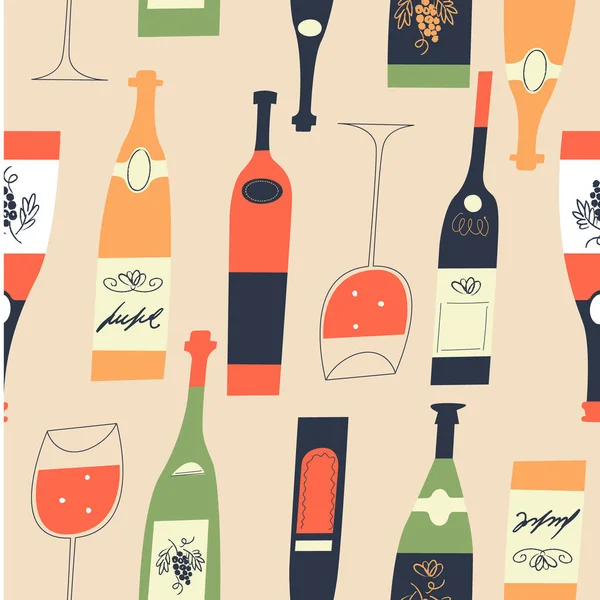 无缝制的葡萄酒样式 不同的酒瓶和酒杯 浅黄背景上的矢量图 — 图库矢量图片