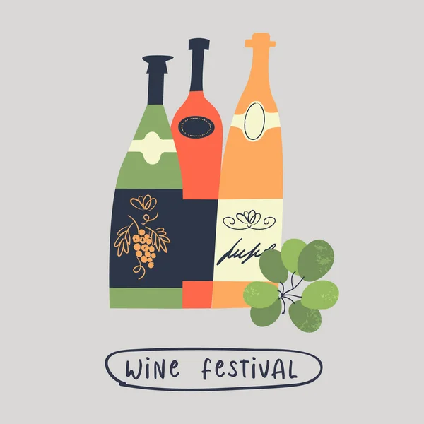 Farklı Renkte Şarap Şişeleri Bir Demet Üzüm Şarap Festivali Düz — Stok Vektör