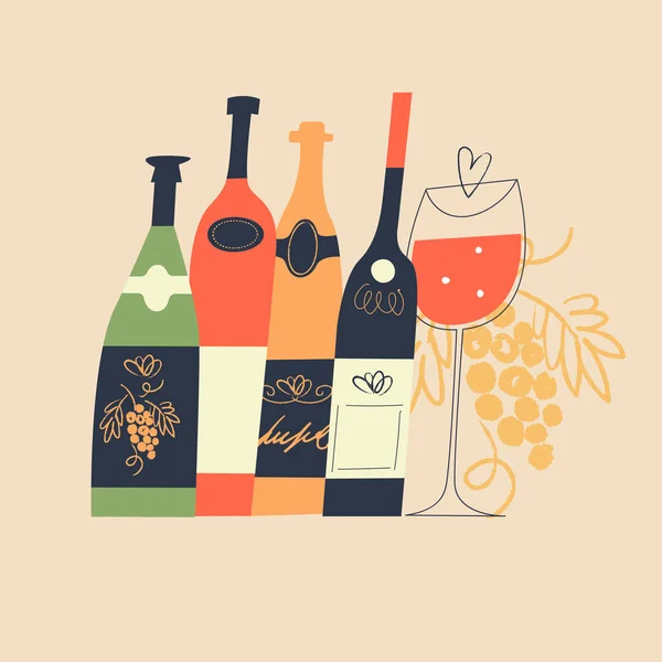 Uppsättning Olika Färgade Vinflaskor Och Ett Glas Rött Vin Vinfestival — Stock vektor