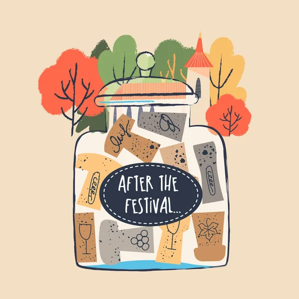 Glass jar with a collection of wine corks. Vector illustration in a flat hand drawn style on a light background. Inscription on a glass jar After the festival
