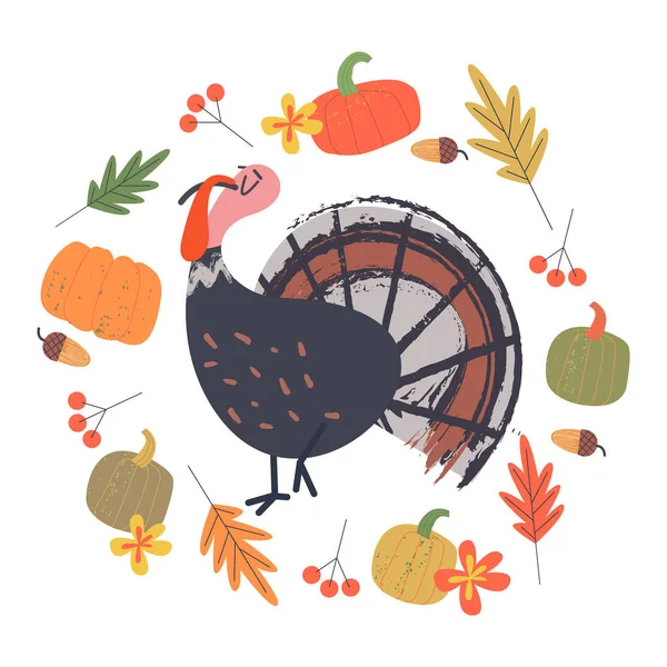 Joyeux Thanksgiving Carte Vœux Affiche Une Drôle Dinde Une Récolte — Image vectorielle