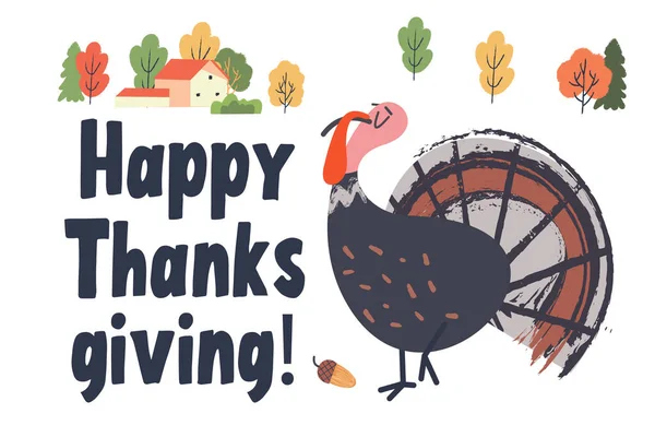 Grattis Thanksgiving Gratulationskort Affisch Rolig Självbelåten Turkiet Färgglada Höstträd Och — Stock vektor