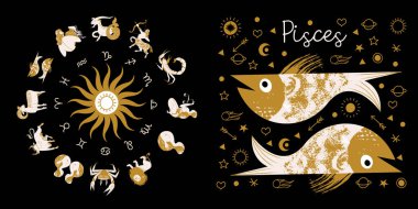 Zodiac burcu Balık burcu. Çemberin içinde tam yıldız falı var. 12 işaret vektörlü burç burcu. Koç; Taurus; Gemini; Kanser; Aslan; Başak; Terazi; Akrep; Yay; Oğlak; Kova; Balık