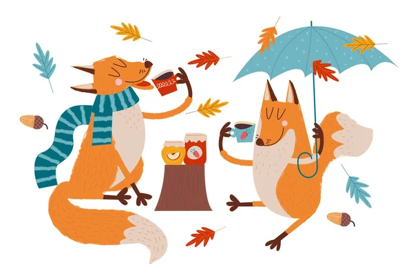 Hallo Herbst Zwei Niedliche Füchse Trinken Einem Regnerischen Herbsttag Tee — Stockvektor