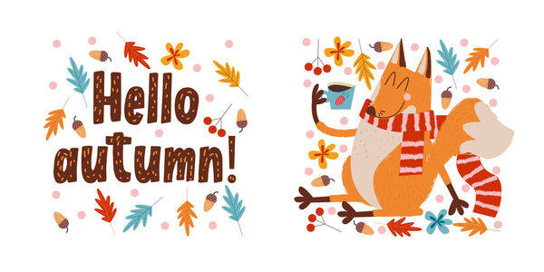 Hello, autumn. Funny red Fox in a warm striped scarf drinking tea on an autumn day. Vector illustration.