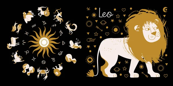 Segno Zodiacale Leo Oroscopo Completo Nel Cerchio Zodiaco Ruota Oroscopo — Vettoriale Stock