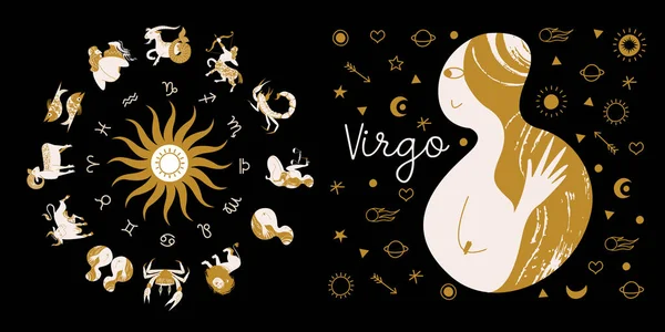Segno Zodiacale Vergine Oroscopo Completo Nel Cerchio Zodiaco Ruota Oroscopo — Vettoriale Stock