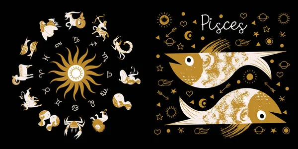 Zodiac burcu Balık burcu. Çemberin içinde tam yıldız falı var. 12 işaret vektörlü burç burcu. Koç; Taurus; Gemini; Kanser; Aslan; Başak; Terazi; Akrep; Yay; Oğlak; Kova; Balık