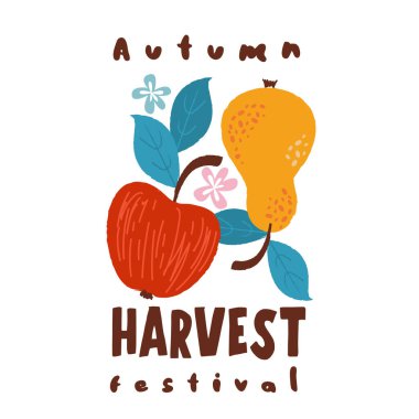 Hasat festivali. Beyaz arka planda vektör logosu. Olgun kırmızı elma ve sarı armut.