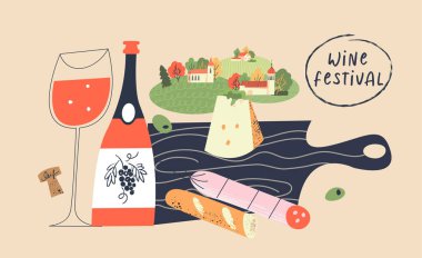 Beaujolais Nouveau. Fransa 'da yeni şarap festivali. Bir şişe şarap, bir bardak kırmızı şarap, peynir, salam, ekmek, siyah tahta kesme tahtasında. Köyün arka planında piknik. Vektör illüstrasyonu