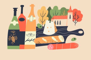 Beaujolais Nouveau. Fransa 'da yeni şarap festivali. Şarap, peynir, salam, siyah tahta kesme tahtasındaki baget. Köyün arka planında piknik. Vektör illüstrasyonu.