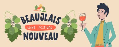 Beaujolais Nouveau. Fransa 'da yeni şarap festivali. Elinde bir bardak kırmızı şarap olan bir adam. Kapatın. Bir demet üzüm. Vektör illüstrasyonu.