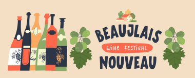 Beaujolais Nouveau. Fransa 'da yeni şarap festivali. Bir sürü üzüm, sıcacık bir köy evi ve bir sürü renkli şarap şişesi. Vektör illüstrasyonu.